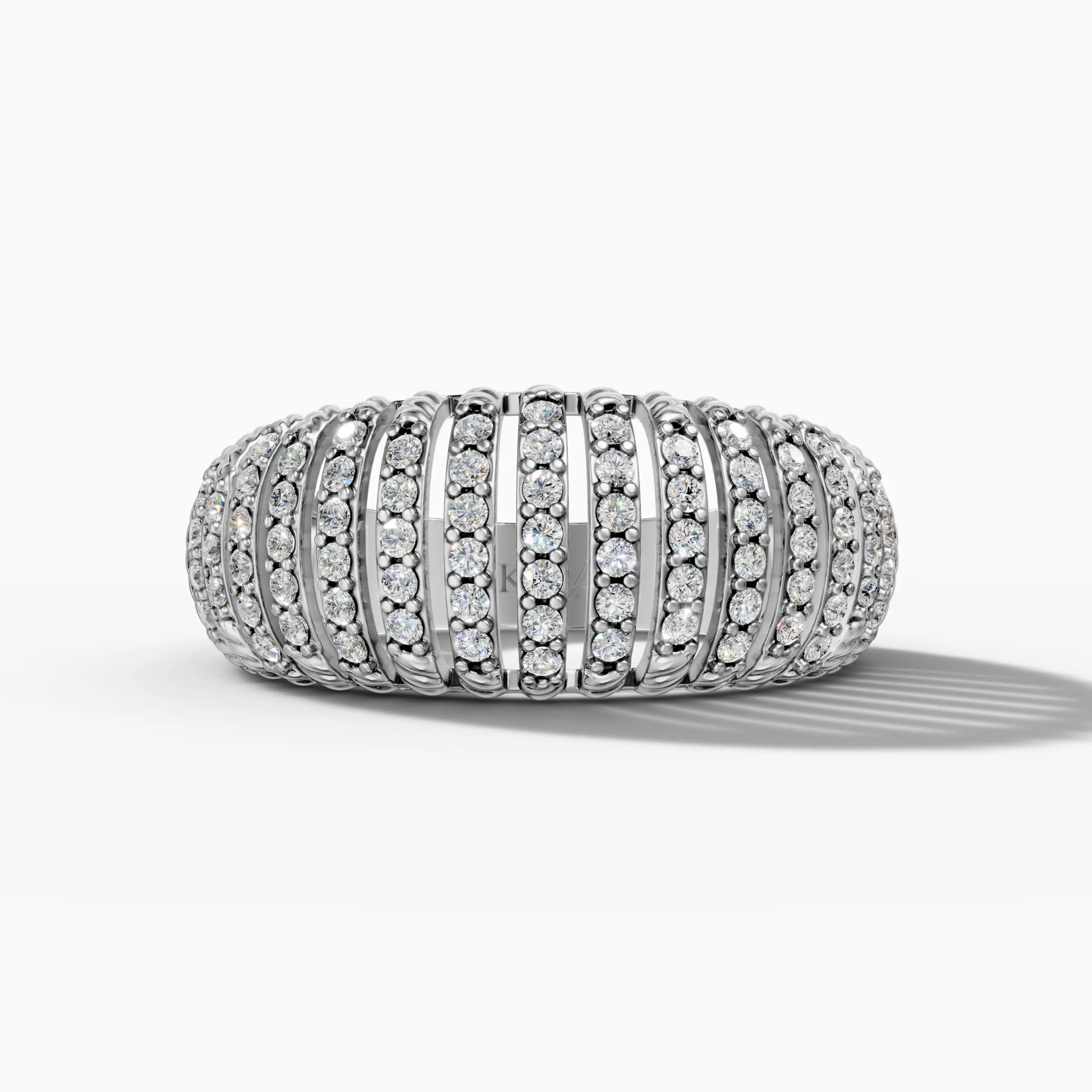 14K White Gold Pavé Natural Diamonds Ribbed Dome Ring