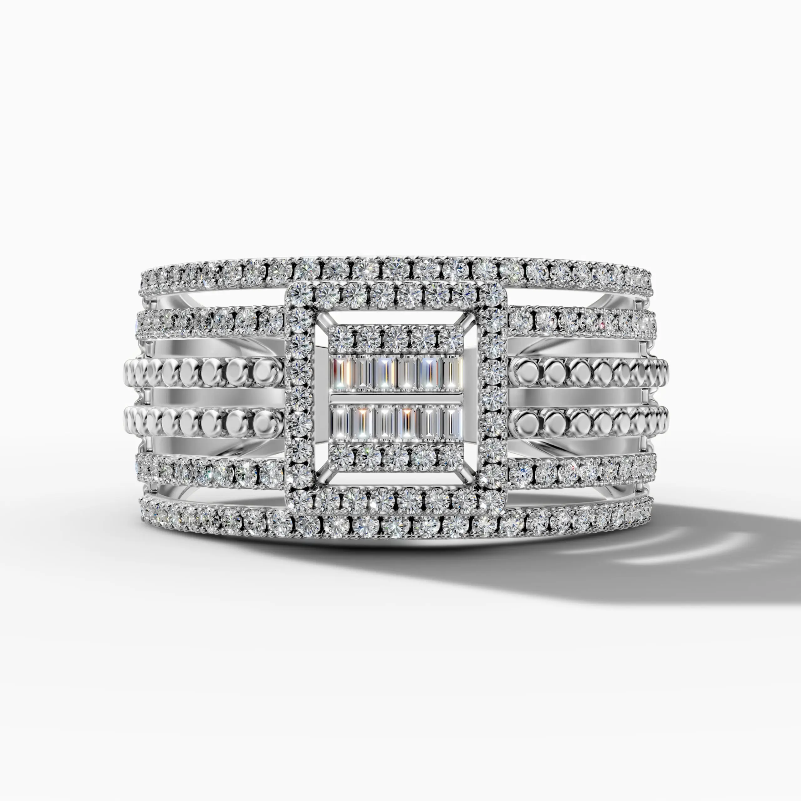 14K White Gold Baguette & Round Natural Diamond Geometric Statement Ring