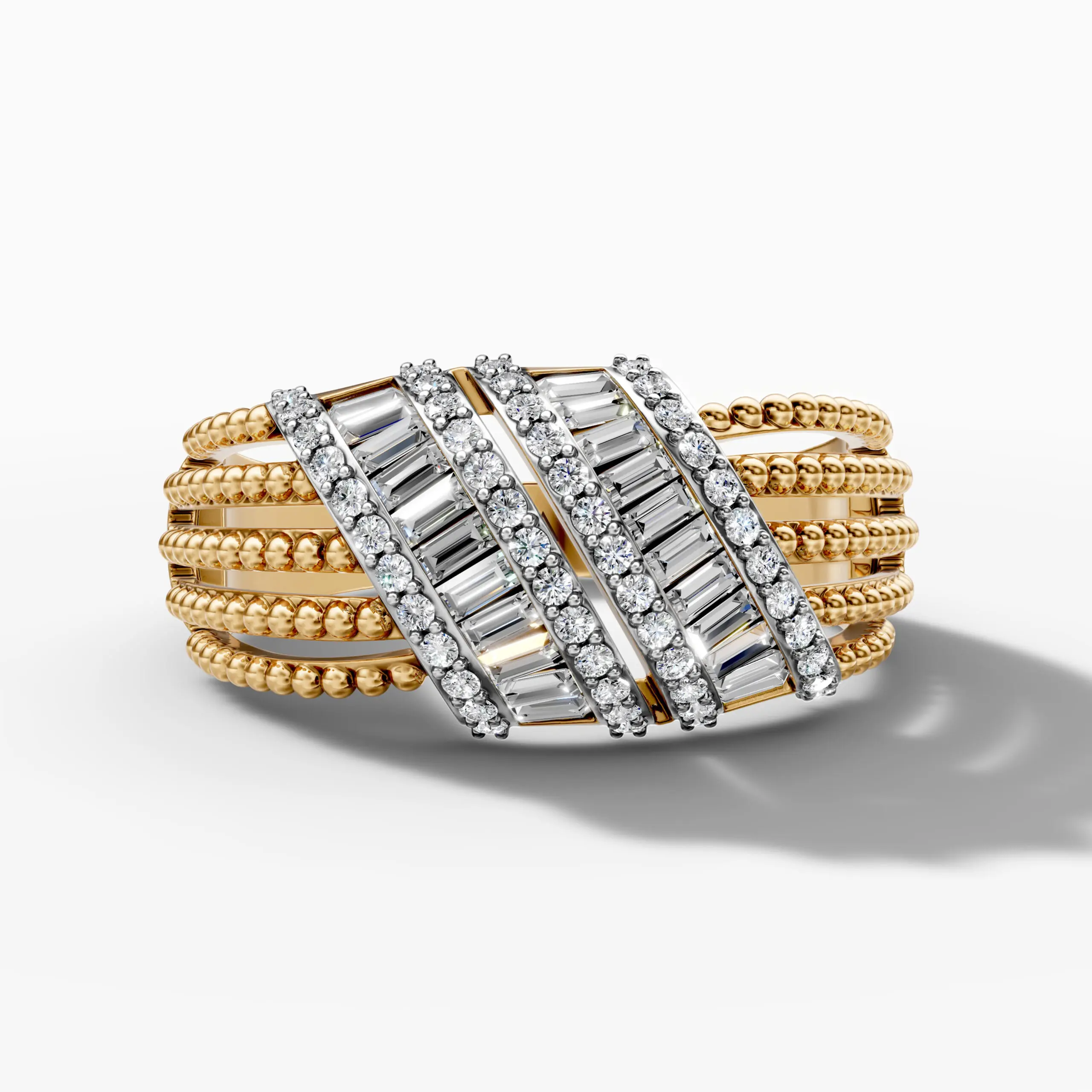 14K Yellow Gold Beaded & Baguette Natural Diamond Statement Ring