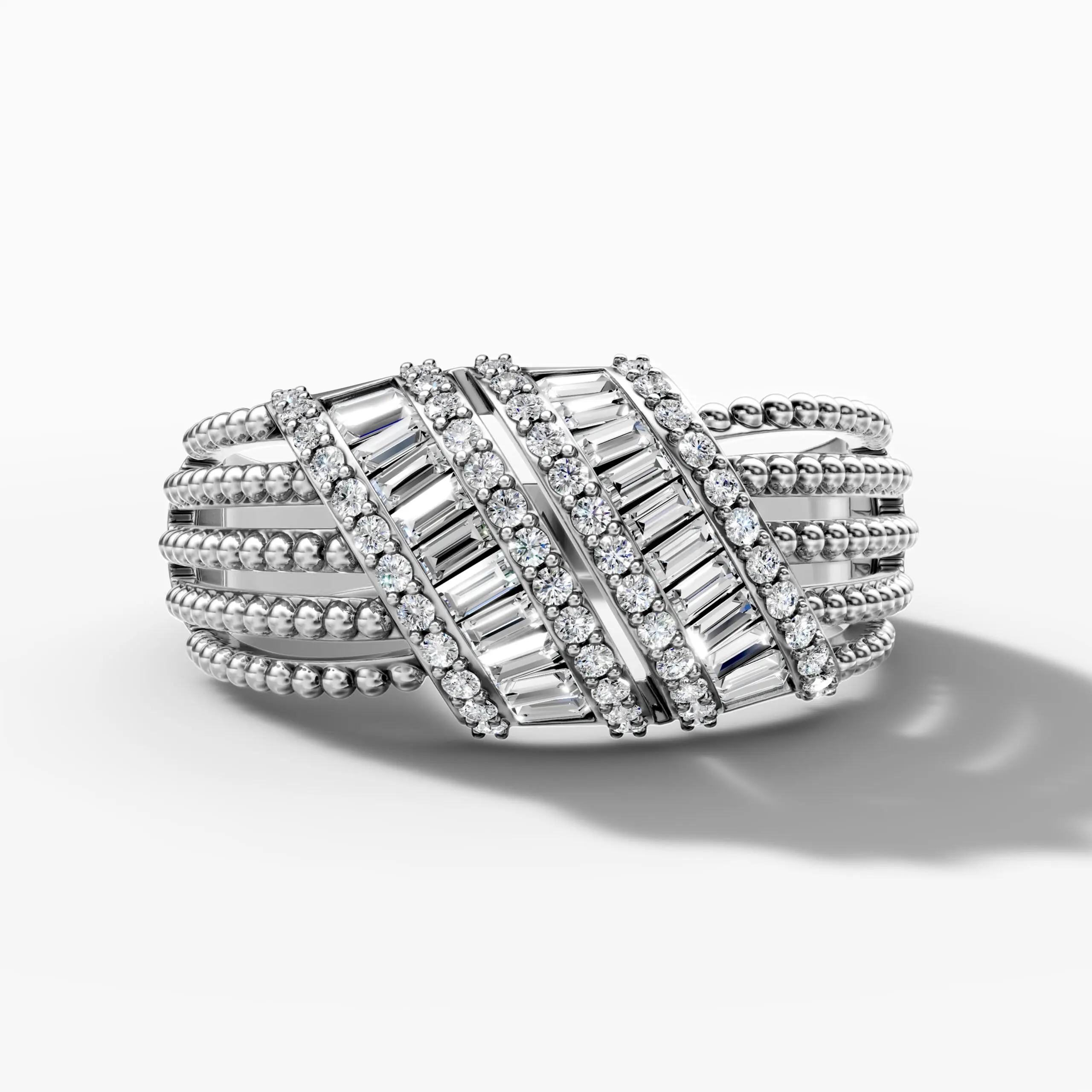 14K White Gold Beaded & Baguette Natural Diamond Statement Ring