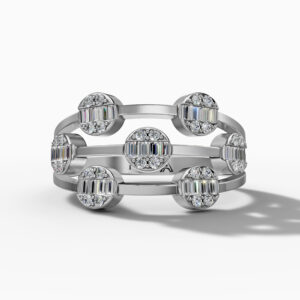 14K White Gold Baguette & Round Natural Diamonds Multi-Row Circle Ring