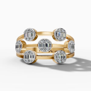 14K Yellow Gold Baguette & Round Natural Diamonds Multi-Row Circle Ring