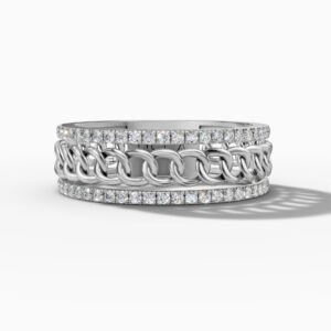 14K White Gold Round-Cut Natural Diamonds Chain Link Ring