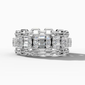 14K White Gold Natural Diamonds Chain-Link Baguette Statement Ring