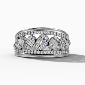 14K White Gold Natural Diamonds Baguette and Round-Cut Statement Ring