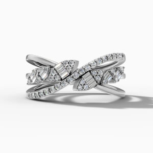 14K White Gold Natural Diamonds Twisted Leaf Baguette Ring