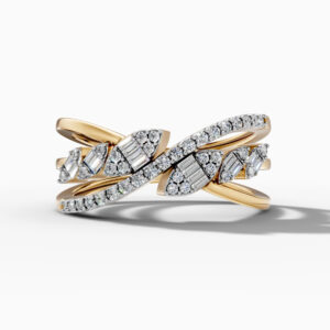 14K Yellow Gold Natural Diamonds Twisted Leaf Baguette Ring