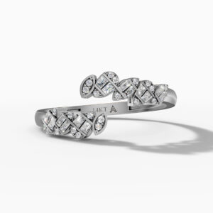 14K White Gold Natural Diamonds Open Leaf Baguette Ring
