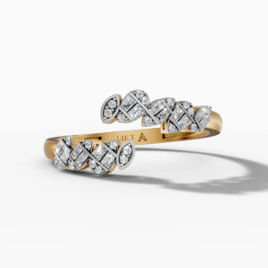 14K Yellow Gold Natural Diamonds Open Leaf Baguette Ring