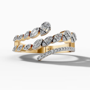 14K Yellow Gold Natural Diamonds Multi-Row Twisted Leaf Ring