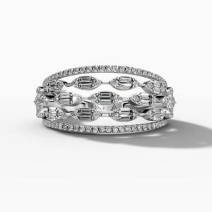 14K White Gold Baguette & Round Natural Diamonds Ring