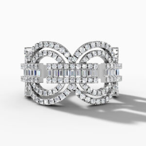 14K White Gold Baguette & Round-Cut Natural Diamonds Double Loop Statement Ring