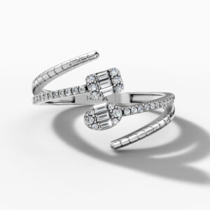 14K White Gold Baguette & Round Natural Diamonds Open Wrap Ring