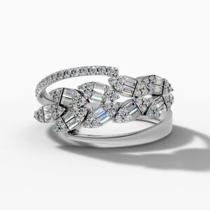 14K White Gold Baguette & Round-Cut Natural Diamonds Leaf Statement Ring