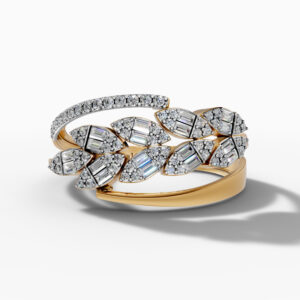 14K Yellow Gold Baguette & Round-Cut Natural Diamonds Leaf Statement Ring