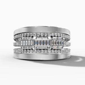 14K White Gold Natural Diamonds Baguette and Round-Cut Statement Ring